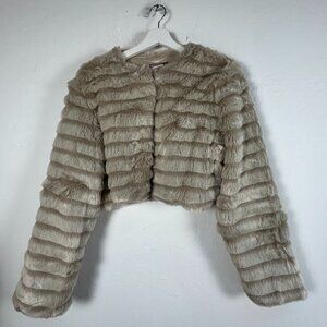 April Cornell Faux Fur Cropped Jacket Medium Beige Striped Lining Long Sleeve